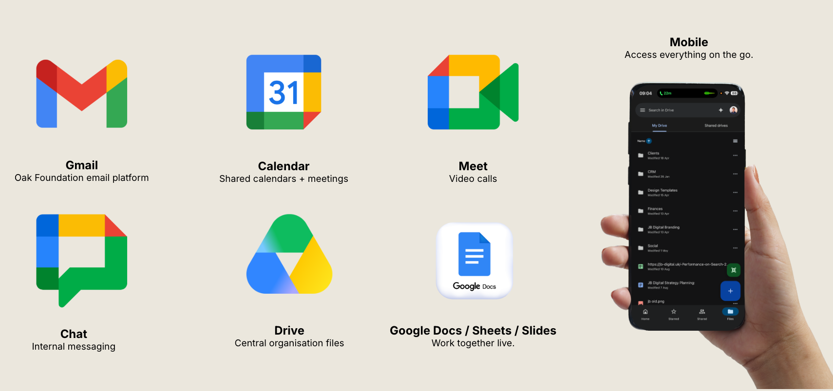 Google Workspace tools JB Digital can set up: Gmail, Calendar, Meet, Chat, Drive, Google Docs and mobile access