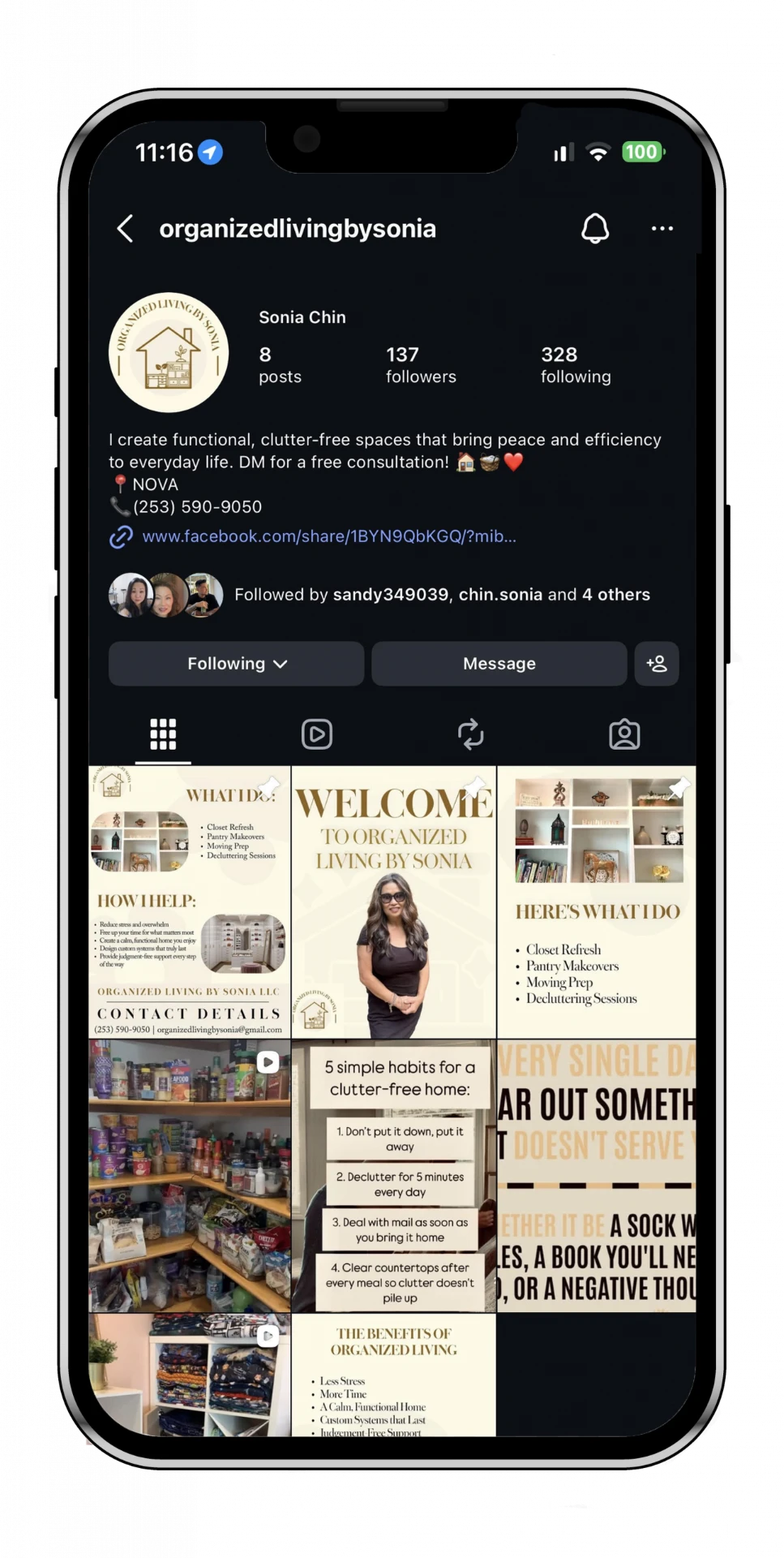 Organized Living by Sonia Instagram profile shown on a phone
