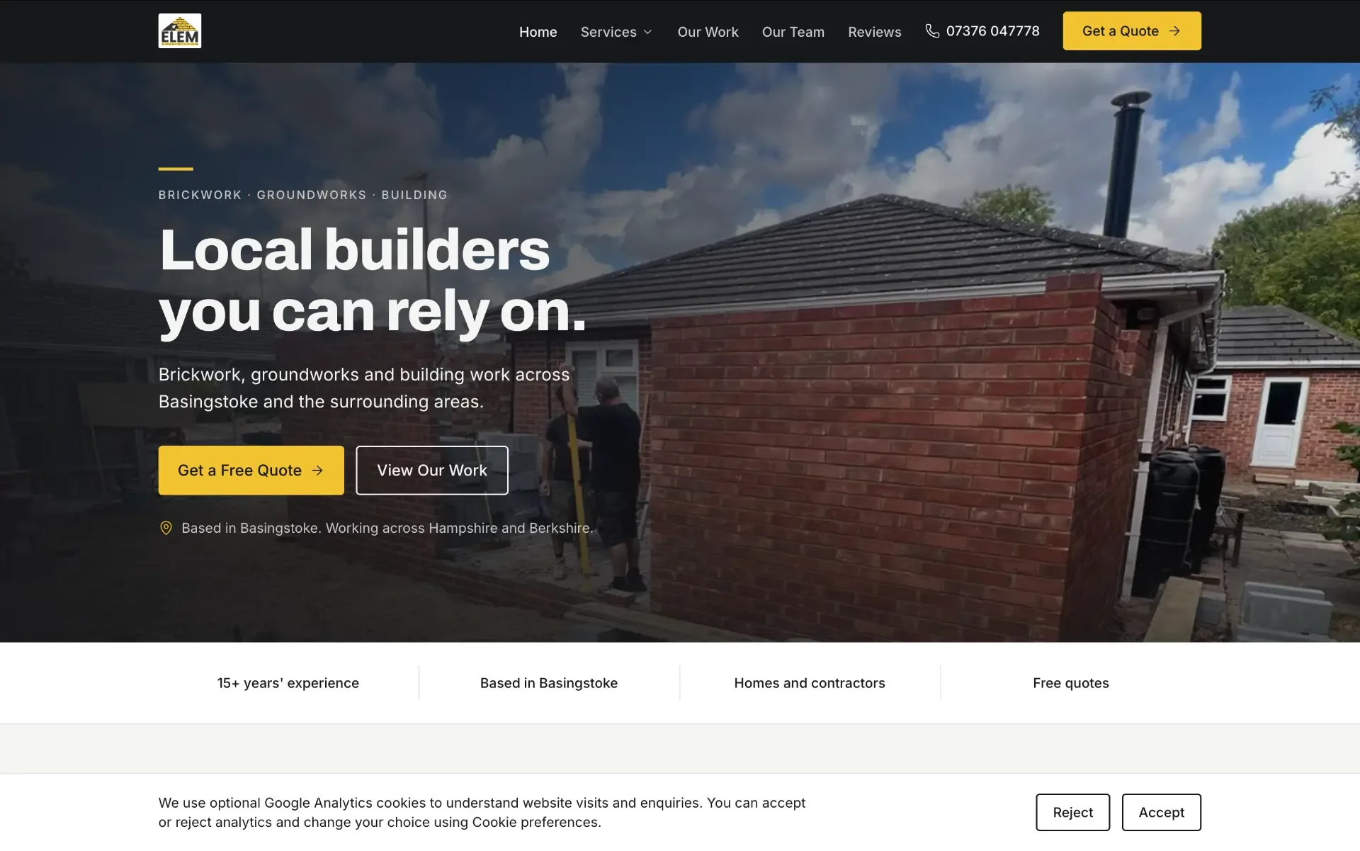 ELEM Construction homepage on desktop, with the headline 'Local builders you can rely on.' over a photo of a brick extension