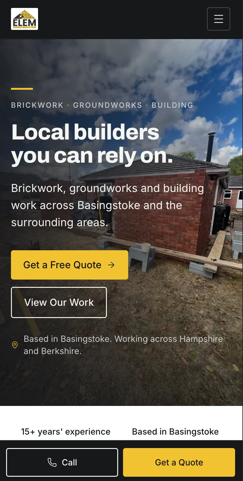 ELEM Construction homepage on a mobile phone, with quote and call buttons
